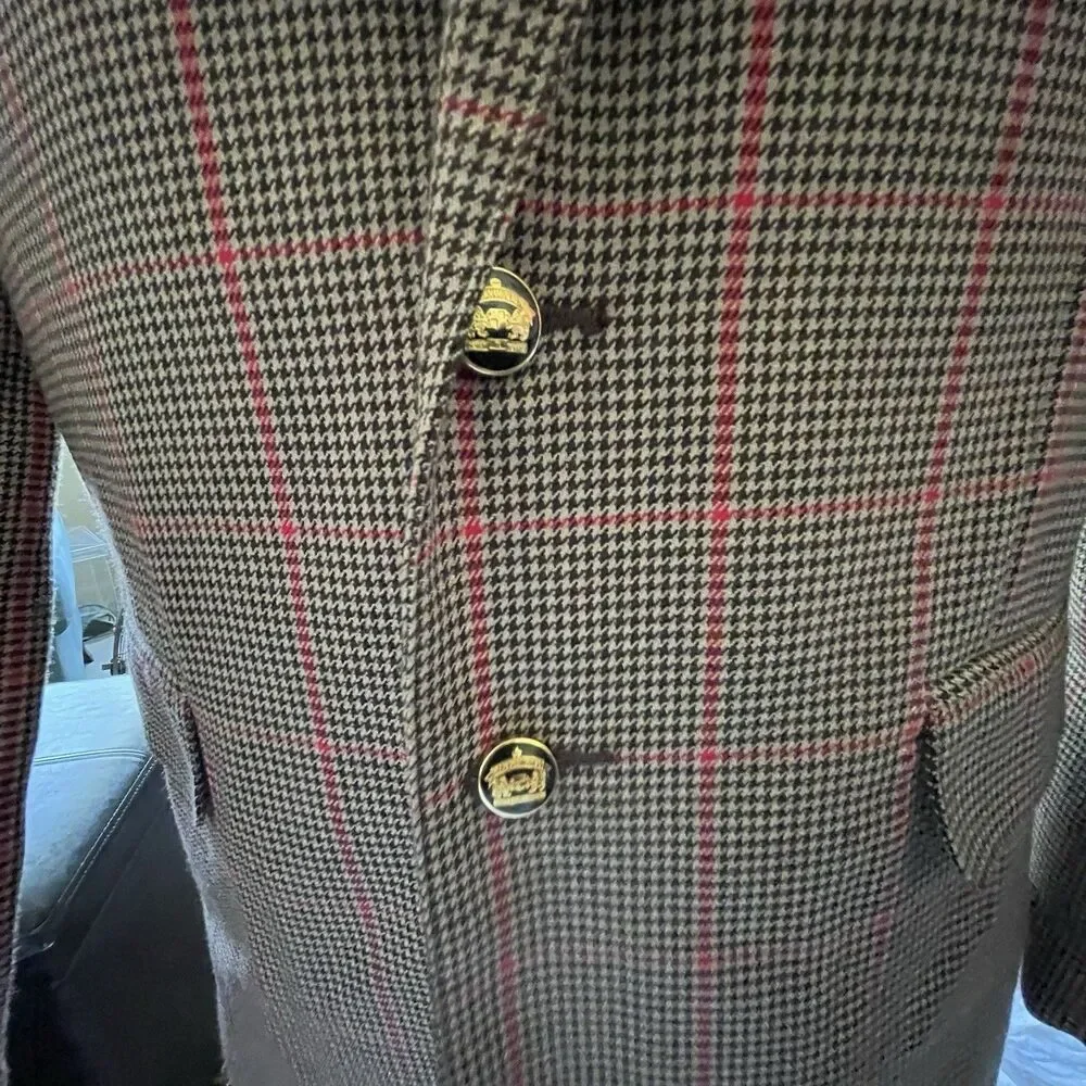 Men's Houndstooth Wool Blend Blazer Gold Buttons Jacket Size Large Preppy Career